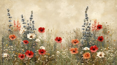 Floral meadow landscape; vintage style; wall art;  background design photo