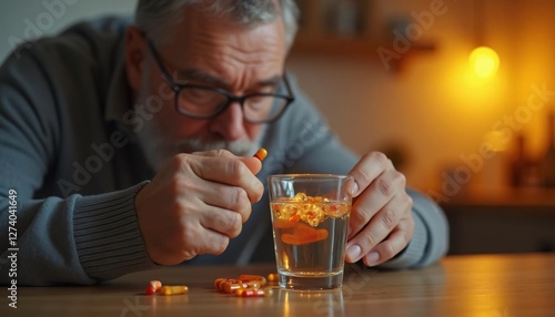 A senior man contemplates taking medication with alcohol, a somber scene of potential health risks.