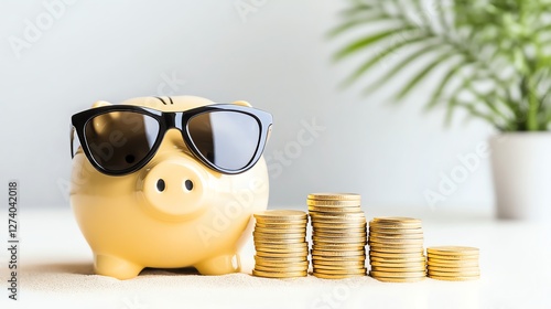 A whimsical yellow piggy bank wearing sunglasses sits next to neatly stacked gold coins, symbolizing smart savings and financial growth. Background features a blurred green plant.