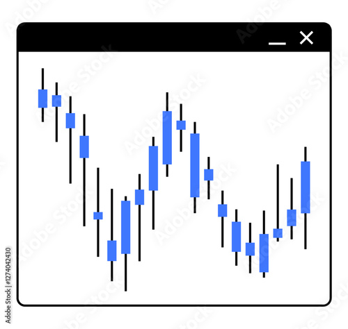 Application window displaying blue candlestick chart representing stock market trends and data fluctuations. Ideal for stock trading, financial analysis, investment planning, market research