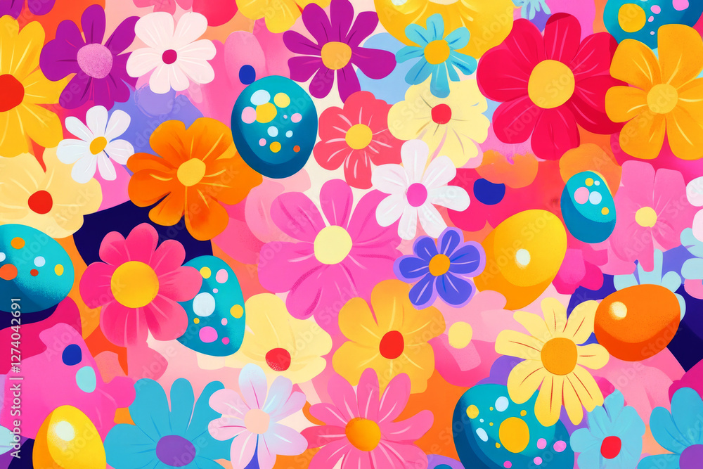 A colorful background with vibrant spring flowers and decorated Easter eggs, perfect for festive holiday banners or cheerful greeting cards A colorful background with vibrant spring flowers and decorated Easter eggs, perfect for festive holiday banners or cheerful greeting cards
