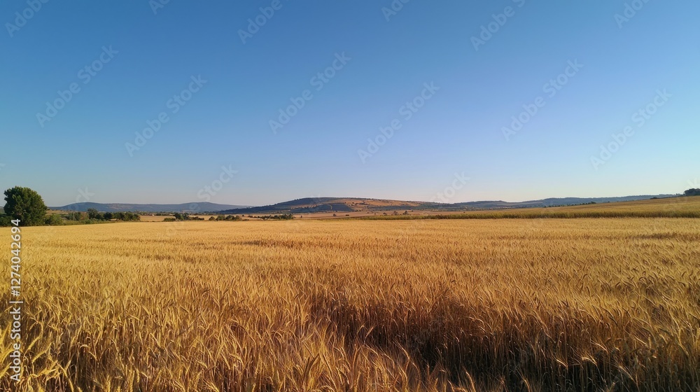Golden Wheat Fields Under Clear Blue Sky with Mountain Horizon Golden Wheat Fields Under Clear Blue Sky with Mountain Horizon