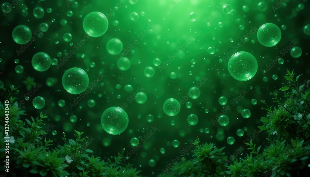 Enchanted Green Bubbles Floating Above Lush Underwater Plants in an Ethereal Mystic Environment Enchanted Green Bubbles Floating Above Lush Underwater Plants in an Ethereal Mystic Environment