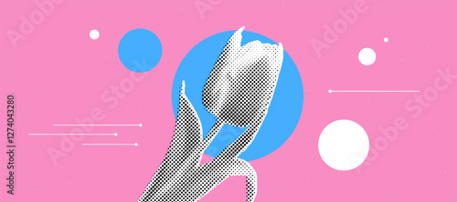 Modern tulip art with halftone effect on pink and blue background
