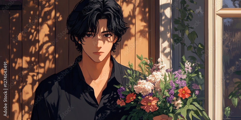 Intense gaze meets eyes as a man in a sleek black shirt locks focus, framed by dark curls. His stoic expression radiates quiet strength Intense gaze meets eyes as a man in a sleek black shirt locks focus, framed by dark curls. His stoic expression radiates quiet strength