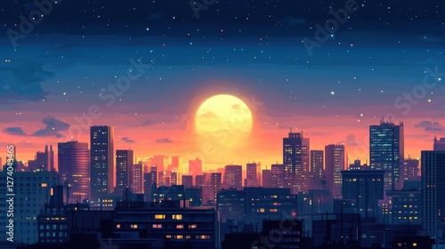 Cityscape Embraces the Sunset Glow with Pixel Art Style and Dreamy Night Sky