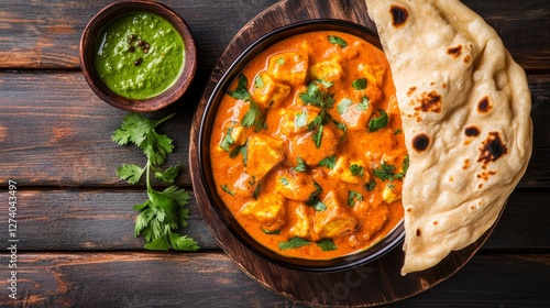 Delicious Indian Butter Paneer with Naan - Aromatic butter paneer curry served with a warm naan bread. Fresh cilantro garnish adds vibrancy photo