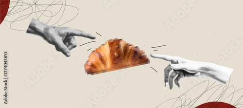 Surreal modern art collage with croissant and pixelated hands