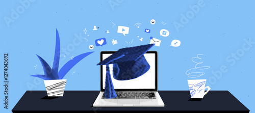 Online education concept with laptop, graduation cap, and social media icons for modern learning design