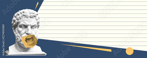 Collage banner with space for text and notes. Hands with pencil and magnifying glass. Paper cutout vector elements with scribble and grain texture. Green and yellow colors