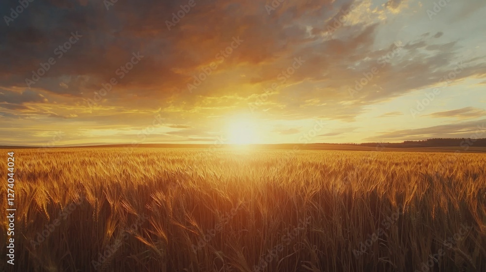 Golden Wheat Field at Sunset with Dramatic Cloudy Sky Golden Wheat Field at Sunset with Dramatic Cloudy Sky
