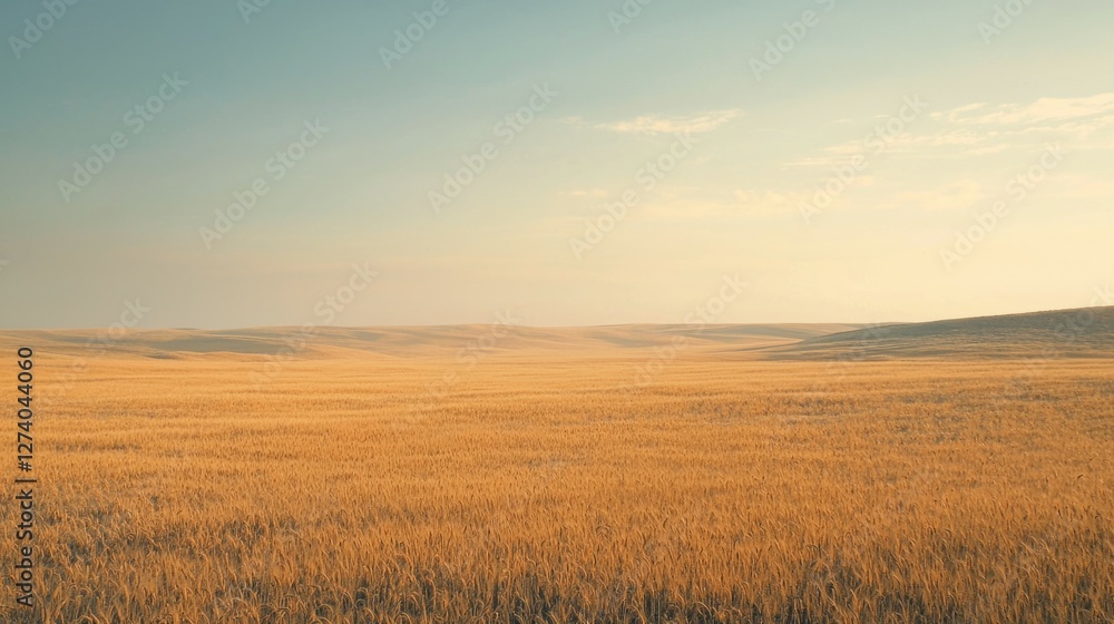 Obraz premium Golden Wheat Field Under Soft Blue Sky at Dusk in Rural Landscape