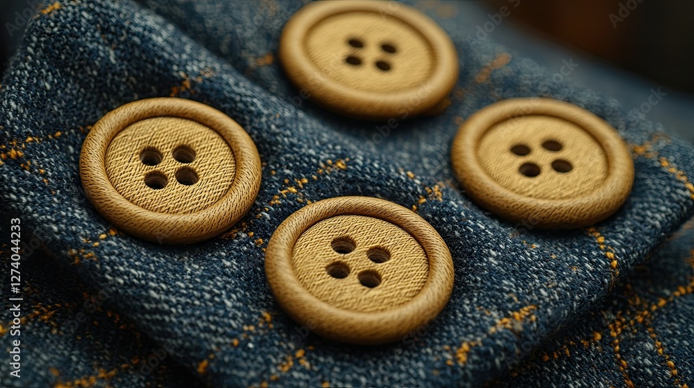 Close-up of Four Beige Buttons on Blue Denim Fabric Close-up of Four Beige Buttons on Blue Denim Fabric