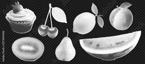 Set of hands gestures at the popart style and halftone effect on the transparent grid background. Trendy zine dadaizm elements isolated as a png. Vintage white and black retro collection.