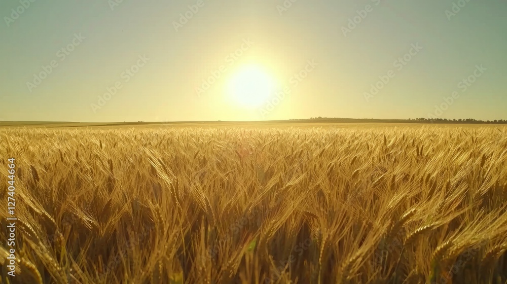 Obraz premium Golden Wheat Fields Under Bright Sunlight at Sunrise Horizon