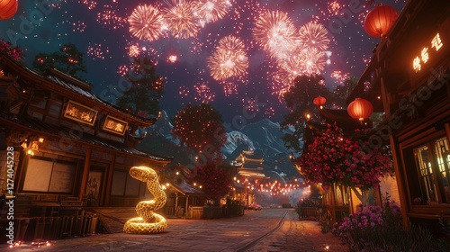 Wallpaper Mural A celebratory street atmosphere with a golden snake slithering past a procession of glowing lanterns and fireworks brightening the sky Stock Photo with side copy space Torontodigital.ca