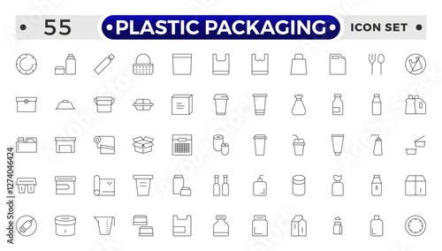 Plastic packaging outline icons set. Disposable tableware, water bottle, blister pack, container, canister, garbage bag, bubble wrap vector illustration. Outline signs of polyethylene.