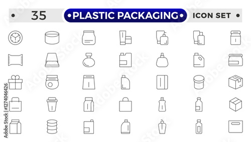 Plastic packaging outline icons set. Disposable tableware, water bottle, blister pack, container, canister, garbage bag, bubble wrap vector illustration. Outline signs of polyethylene.