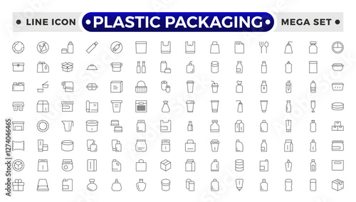 Plastic packaging outline icons set. Disposable tableware, water bottle, blister pack, container, canister, garbage bag, bubble wrap vector illustration. Outline signs of polyethylene.