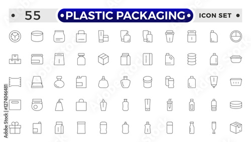 Plastic packaging outline icons set. Disposable tableware, water bottle, blister pack, container, canister, garbage bag, bubble wrap vector illustration. Outline signs of polyethylene.