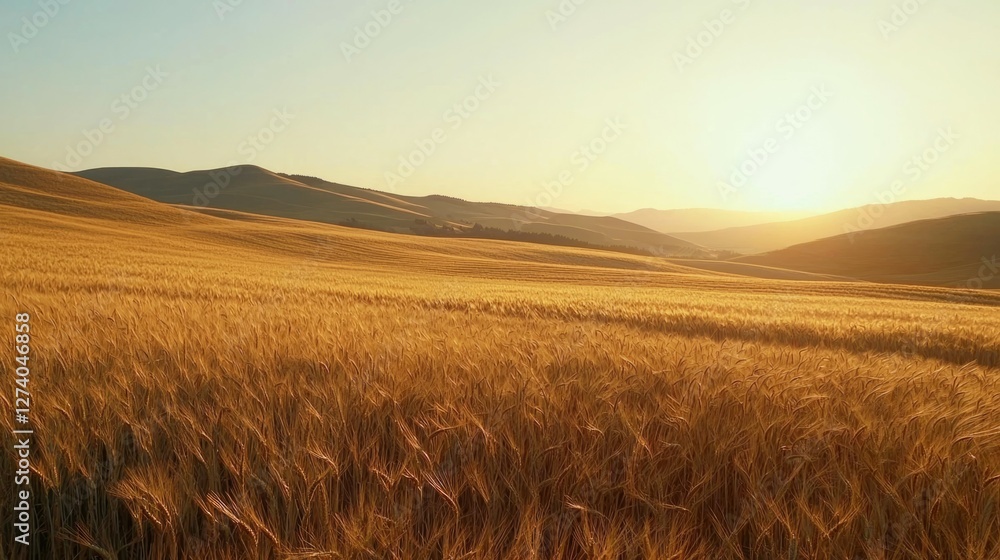 Obraz premium Golden Wheat Field Under Warm Sunset Sky Over Rolling Hills