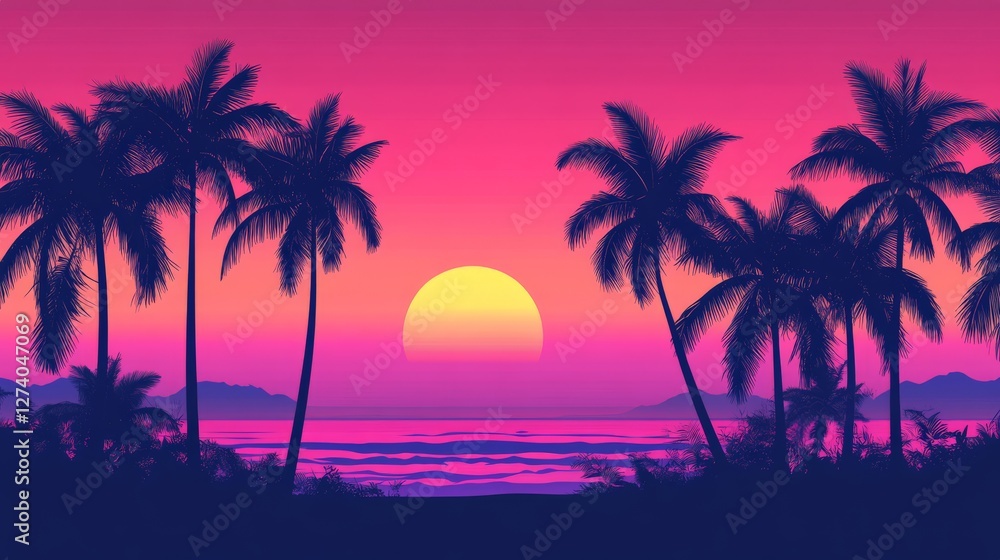 Artistic silhouette of palm trees lining the beach, set against a vivid pink and purple sunset sky, tropical paradise aesthetics. Artistic silhouette of palm trees lining the beach, set against a vivid pink and purple sunset sky, tropical paradise aesthetics.