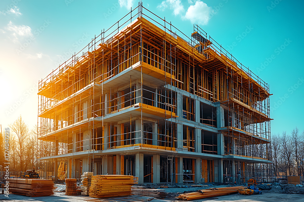 A modern building under construction with scaffolding surrounding the structure, illuminated by bright sunlight. The image represents real estate development, construction industry, and architectural A modern building under construction with scaffolding surrounding the structure, illuminated by bright sunlight. The image represents real estate development, construction industry, and architectural