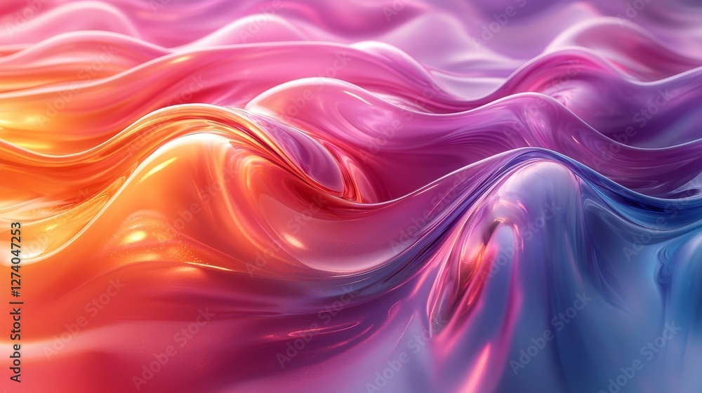 Fototapeta premium A serene sunset provides the backdrop for colorful abstract waves with glossy surfaces to merge in harmony