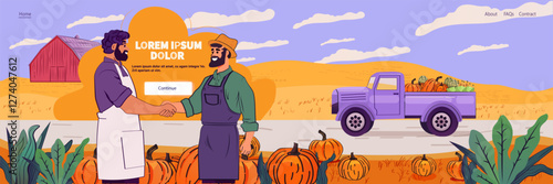 Farmers handshake autumn harvest scene with pumpkins truck barn vibrant colors rural landscape website design