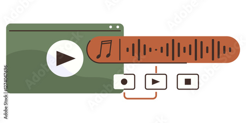 Media player window with play button, audio waveform, and control buttons for play, pause, and stop. Ideal for multimedia, streaming, audio, video playback user interface apps flat color icon