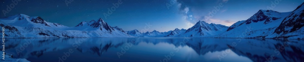 The snow-covered mountain peaks are reflected in the calm waters of a glacial lake under the starry night sky with the Milky Way's gentle glow, mist, lakes, snow The snow-covered mountain peaks are reflected in the calm waters of a glacial lake under the starry night sky with the Milky Way's gentle glow, mist, lakes, snow