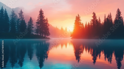 Stunning sunset view over tranquil waters with palm trees and vibrant sky reflecting on the surface