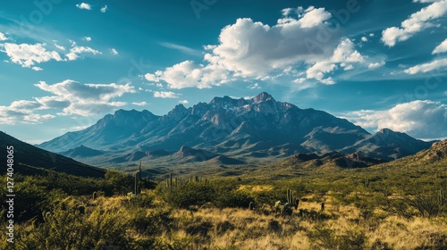 Majestic mountain range under a clear blue sky in the desert landscape during late afternoon