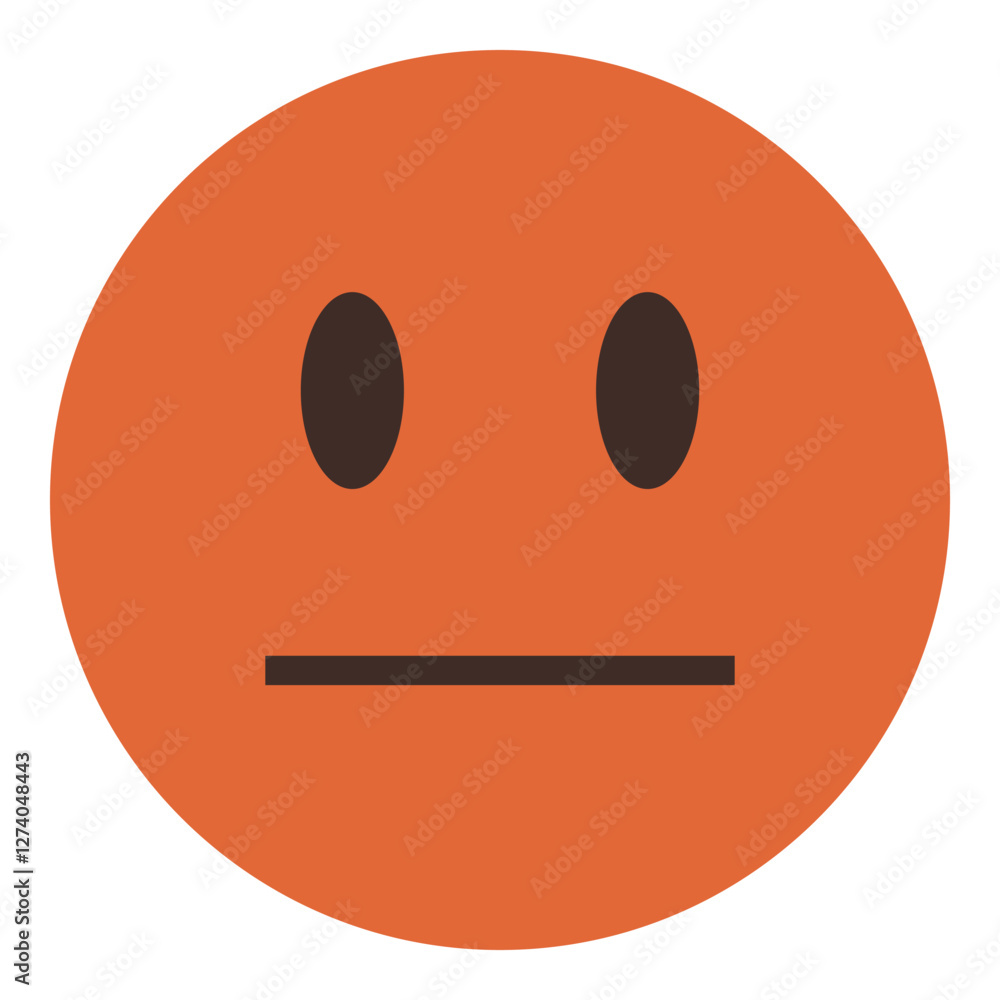 Orange circular face with oval eyes and a straight-line mouth conveying neutrality. Ideal for emotion, indifference, simplicity, digital messaging, reaction icons, communication, flat color icon Orange circular face with oval eyes and a straight-line mouth conveying neutrality. Ideal for emotion, indifference, simplicity, digital messaging, reaction icons, communication, flat color icon