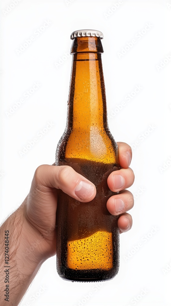 Close up hand gripping cold amber beer bottle, moisture beading surface against pristine white backdrop, showcasing crisp beverage refreshment Close up hand gripping cold amber beer bottle, moisture beading surface against pristine white backdrop, showcasing crisp beverage refreshment