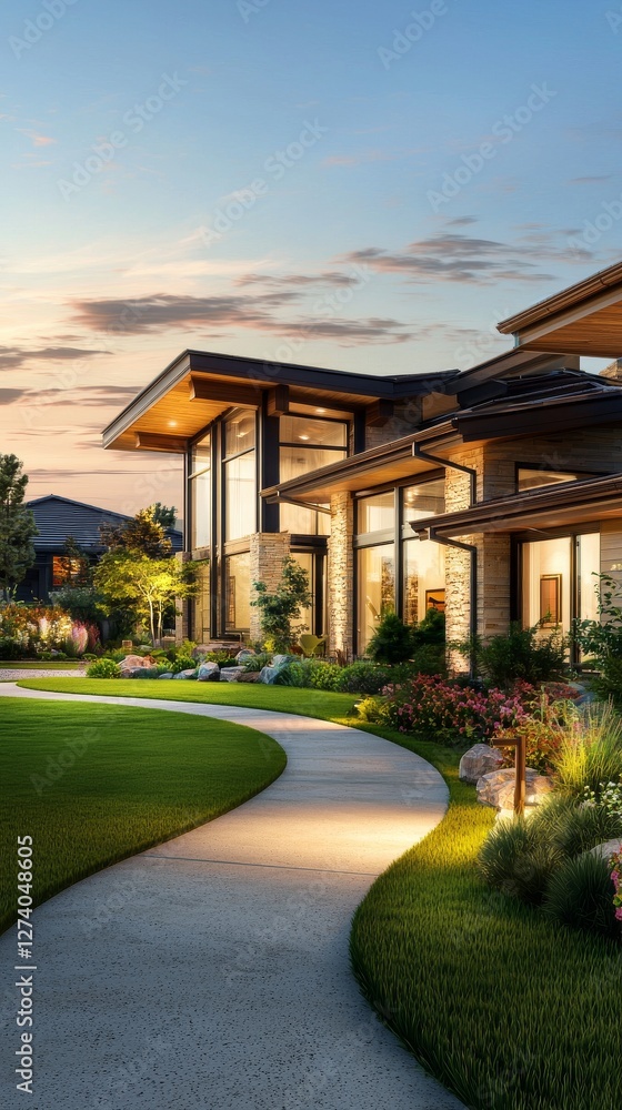 Fototapeta premium A modern luxury house with a rustic pathway and evening lighting creates a beautiful exterior