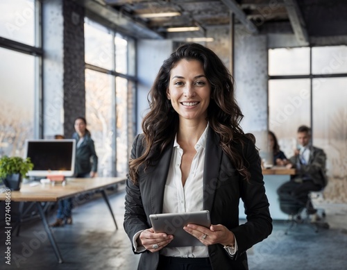 Successful businesswoman with long dark hair, dressed in a black blazer, holding a tablet in an industrial-style office. Professional workspace with a collaborative atmosphere and modern design.