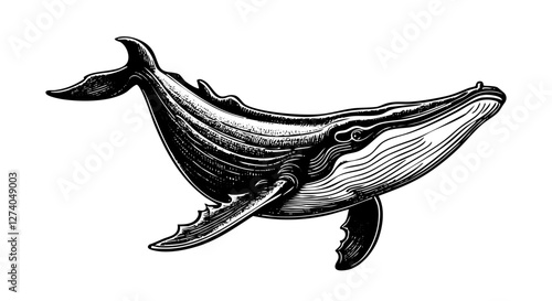 Humpback whale sketch engraving black and white outline. Scratch board imitation.
