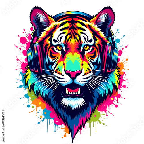 Colorful Neon Tiger With Headphones, striker, Tshirt design, logo design, game, poster, computer Wallpaper, PNG, transparent
