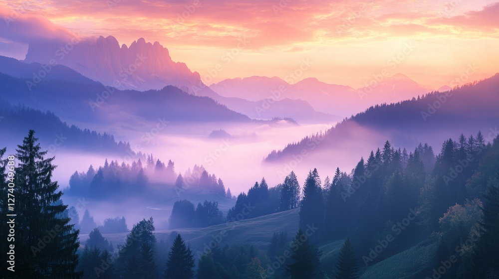 Obraz premium Majestic Mountain Landscape at Sunrise with Mist and Colorful Sky