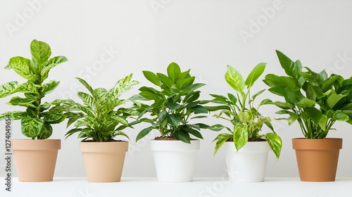 Wallpaper Mural Five Potted Green Plants in Varying Pots Displayed Against a White Textured Background Torontodigital.ca