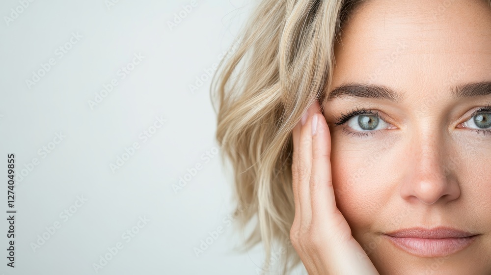 Woman with short blonde hair leaning chin on hand, expressing deep contemplation and introspective mood while gazing pensively Woman with short blonde hair leaning chin on hand, expressing deep contemplation and introspective mood while gazing pensively