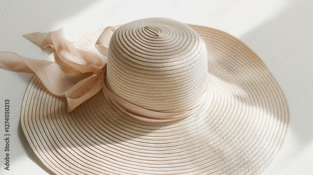Elegant Beige Sun Hat with Ribbon on White Surface in Soft Natural Light Elegant Beige Sun Hat with Ribbon on White Surface in Soft Natural Light