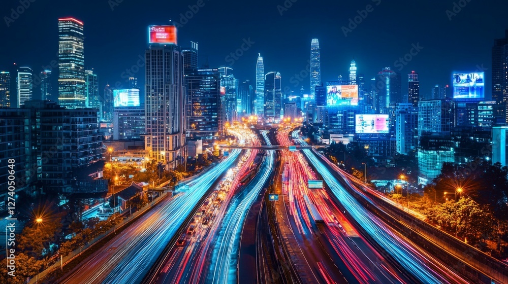 Fototapeta premium Vibrant City Skyline at Night with Light Trails on Busy Highway