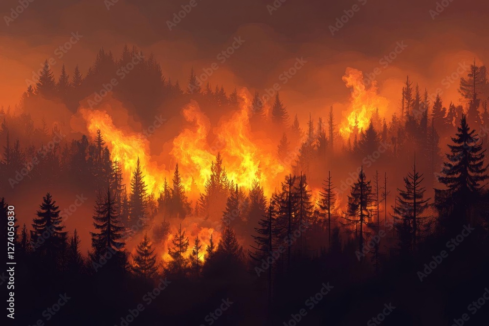 Wildfire Burning Through Forest: A Devastating Scene of Destruction, Smoke, and Flames Wildfire Burning Through Forest: A Devastating Scene of Destruction, Smoke, and Flames