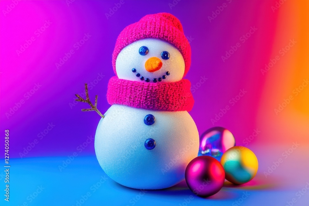 Obraz premium Snowman with colorful ornaments on a color block studio background. Bright lighting.