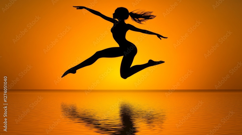 Silhouette of a woman leaping at sunset over water. Possible use Stock photo for inspirational or athletic concepts Silhouette of a woman leaping at sunset over water. Possible use Stock photo for inspirational or athletic concepts