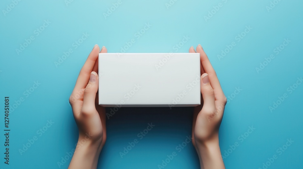 Minimalist hands cradling pristine white rectangular packaging, contrasting against vivid blue backdrop, highlighting sleek product design and clean aesthetic Minimalist hands cradling pristine white rectangular packaging, contrasting against vivid blue backdrop, highlighting sleek product design and clean aesthetic