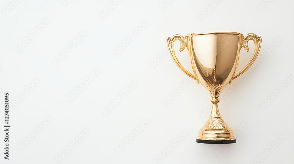 Fototapeta premium A trophy cup made of gold with a shiny reflective surface is presented on a clean white backdrop under subtle lighting conditions