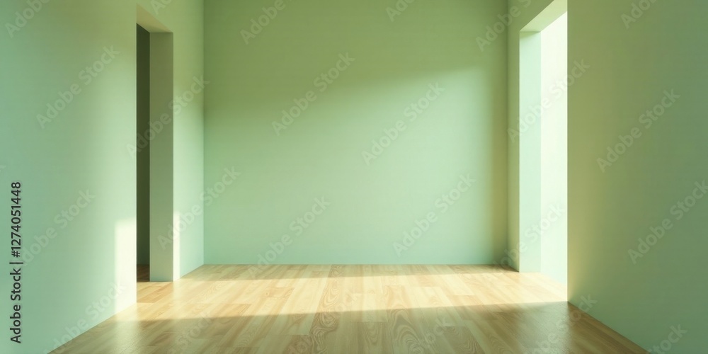 Fototapeta premium Serene Empty Room with Light Green Walls and Natural Wood Flooring, Ideal for Interior Design and Architectural Visualization